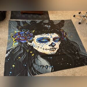 Midnight Sugar Skull of Womans Face Wall Tapestry 59”W 79”L
